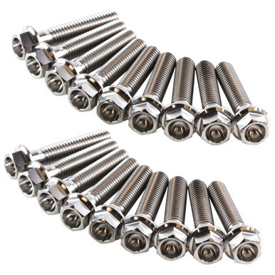 Exoracing titanium K-Series sump bolt kit with 18 Grade 5 titanium bolts laid out