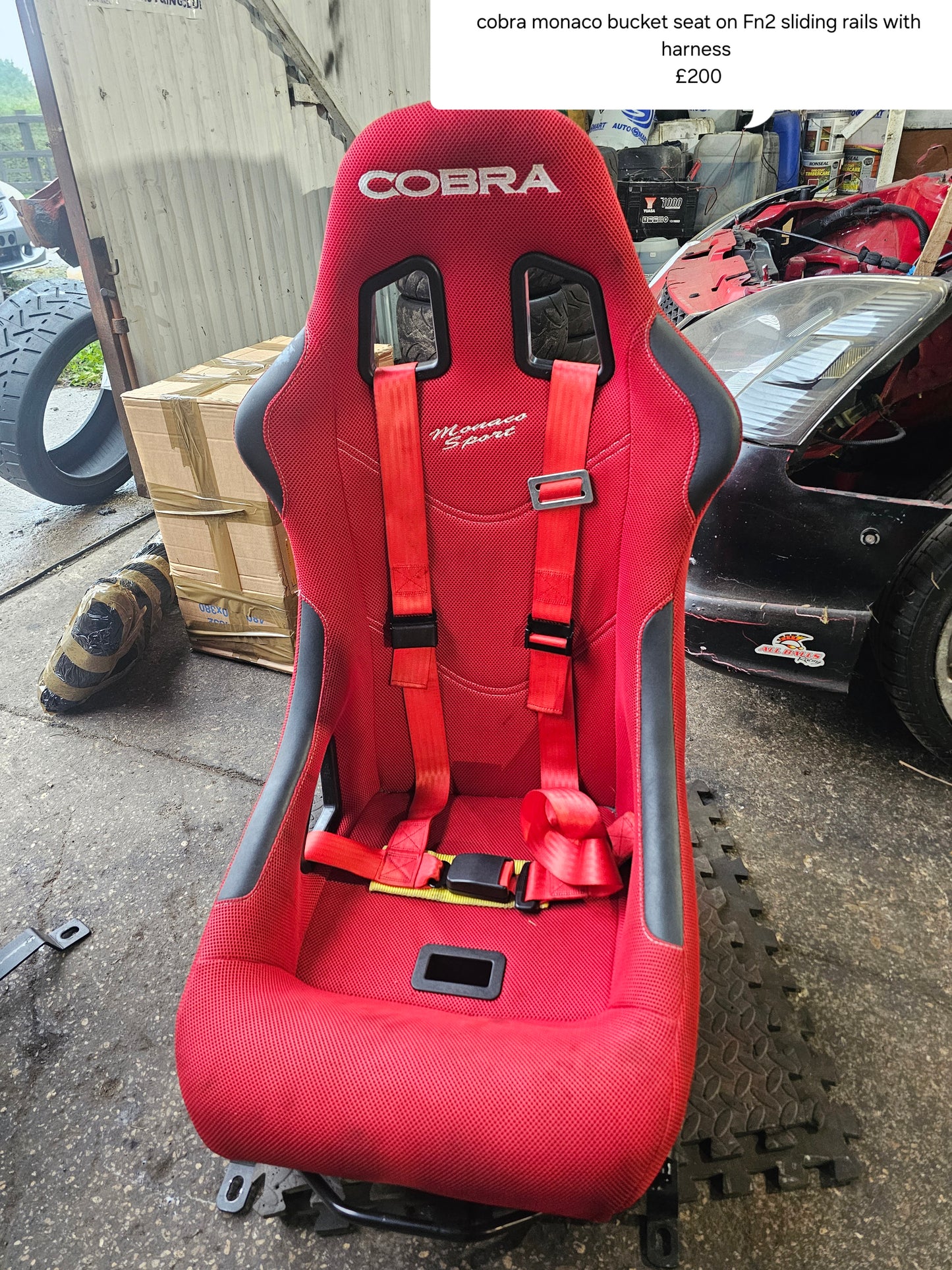 Cobra monaco bucket seat on sliding Honda civic fn2 rails with harness